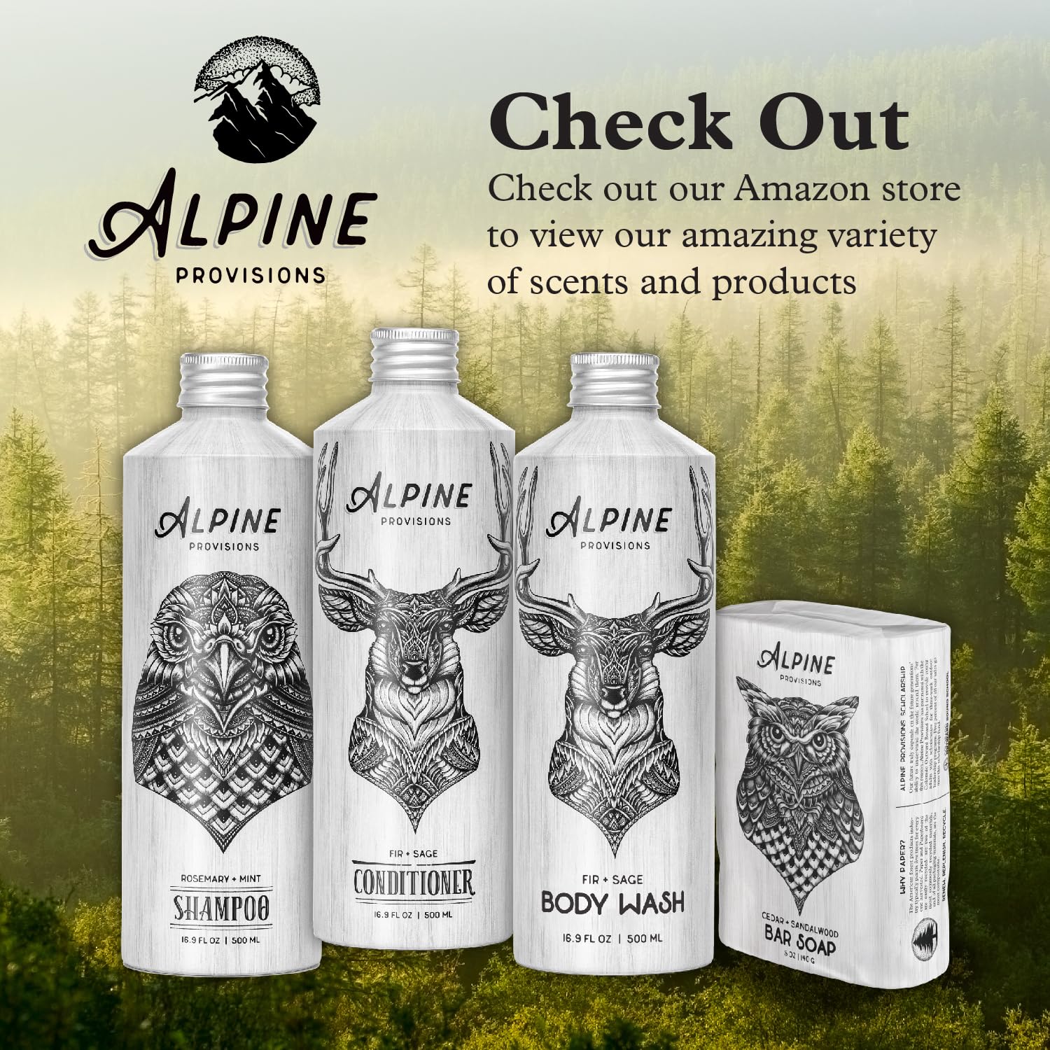 Alpine Provisions forest scent shower scene captures spa-like earthy aroma during wash.