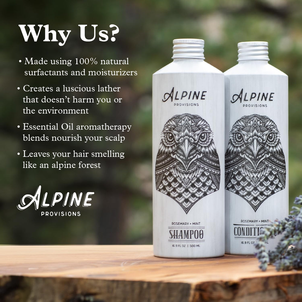 Alpine Provisions zero plastic packaging shampoo emphasizes eco-friendly packaging and responsible use.