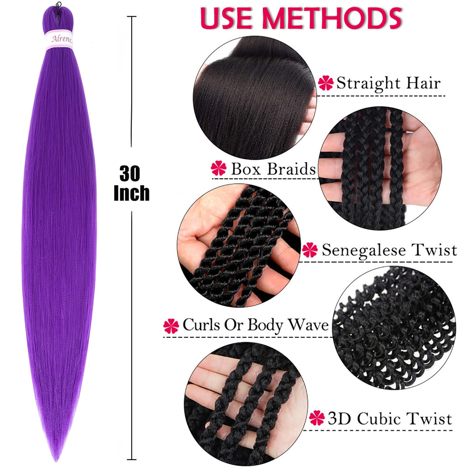 Alrence purple braiding hair 30-inch on model reveals vibrant color and smooth flow.