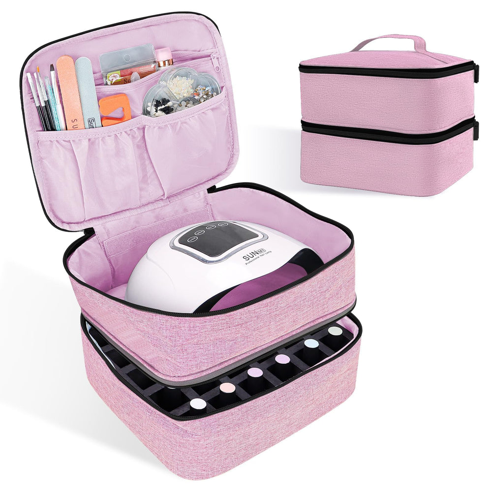 ALSLEA nail polish organizer in pink open view shows double-layer storage for easy access.