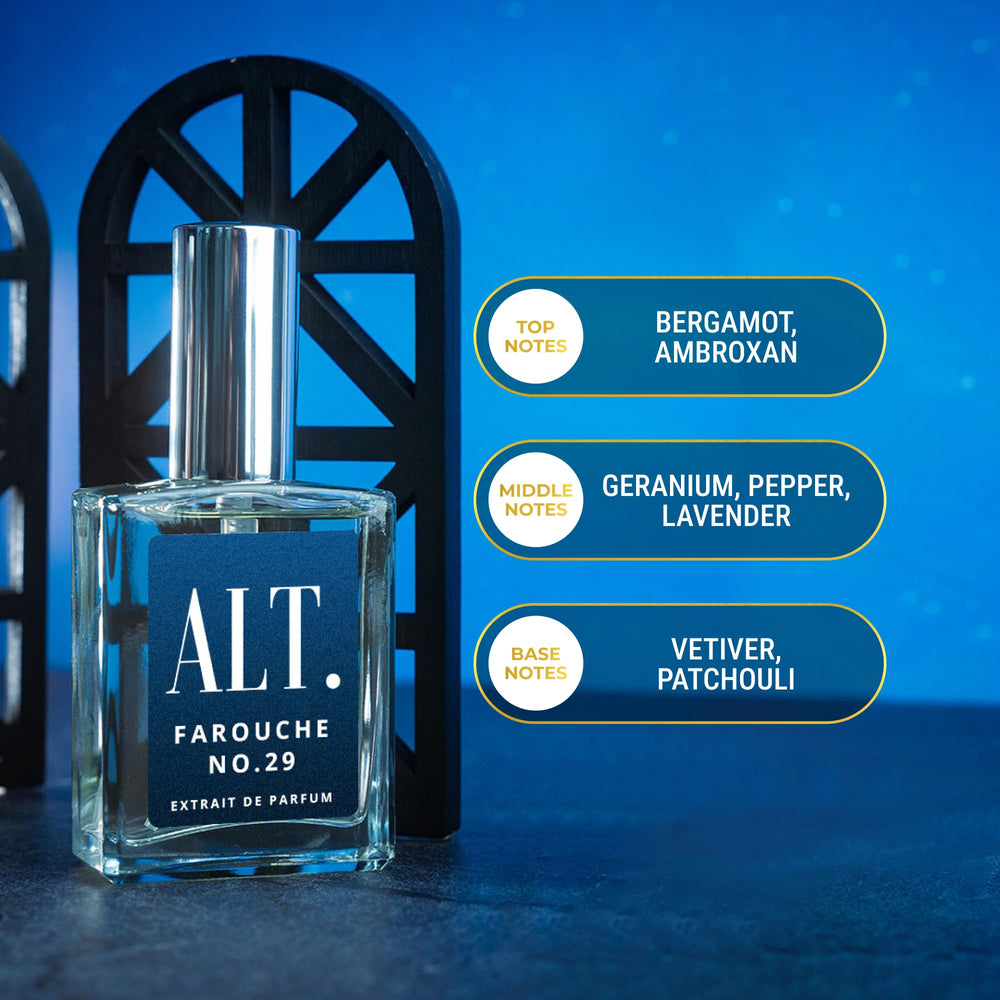 ALT. FRAGRANCES Farouche No. 29 label-detail emphasizes premium extrait allure.