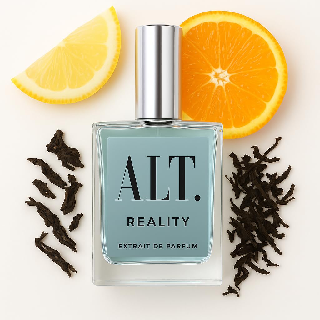 ALT. FRAGRANCES Reality bottle close-up highlighting citrus and tea notes for everyday confidence and presence.