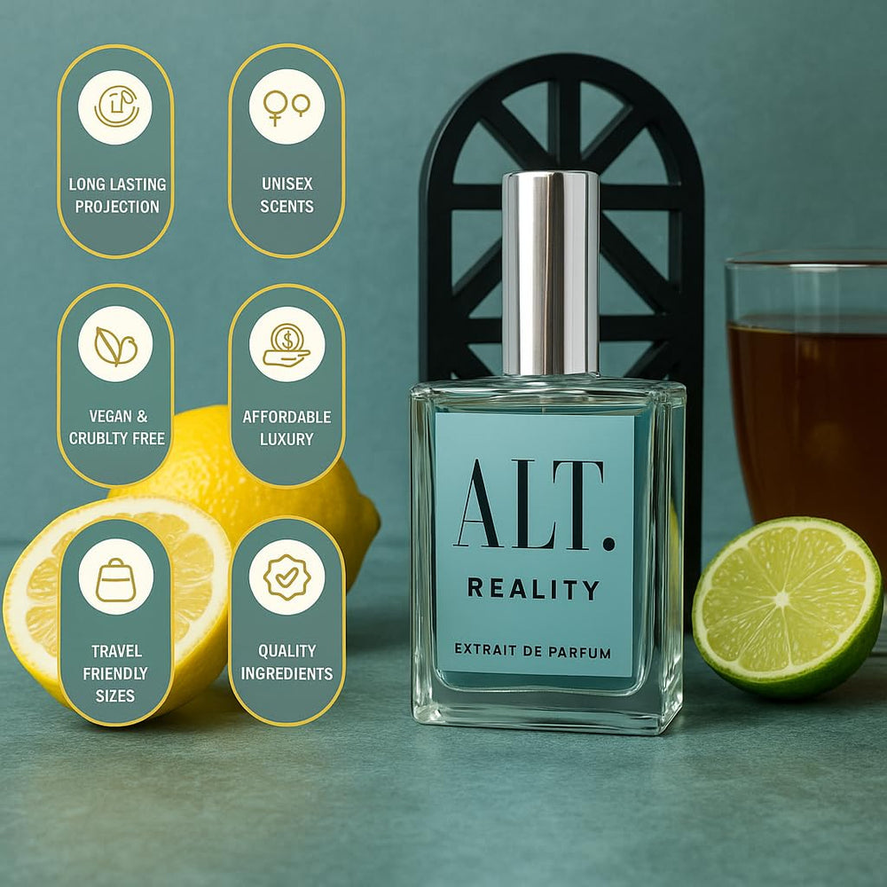 ALT. FRAGRANCES Reality tea-and-ginger aroma with black tea close-up conveying bold, modern unisex appeal.
