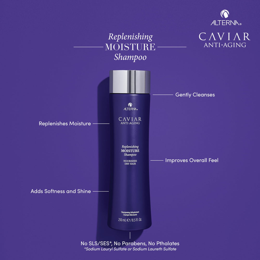 Alterna Caviar anti-aging replenishing moisture conditioner bottle; adds shine and manageability.