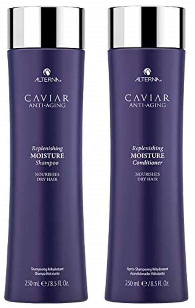 Alterna Caviar anti-aging replenishing moisture shampoo bottle; hydrates dry hair.