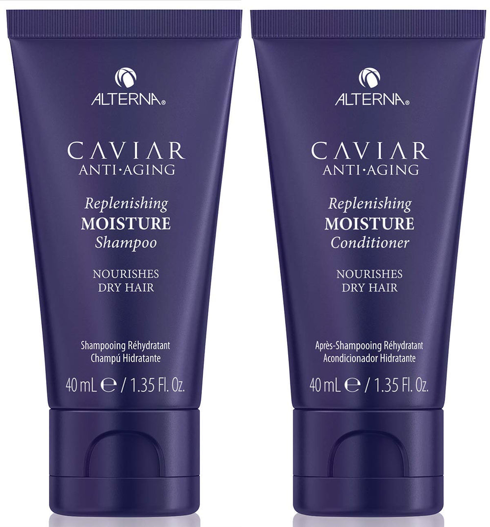 Alterna Caviar Anti-Aging Shampoo, botella vertida, hidrata profundamente el cabello seco.