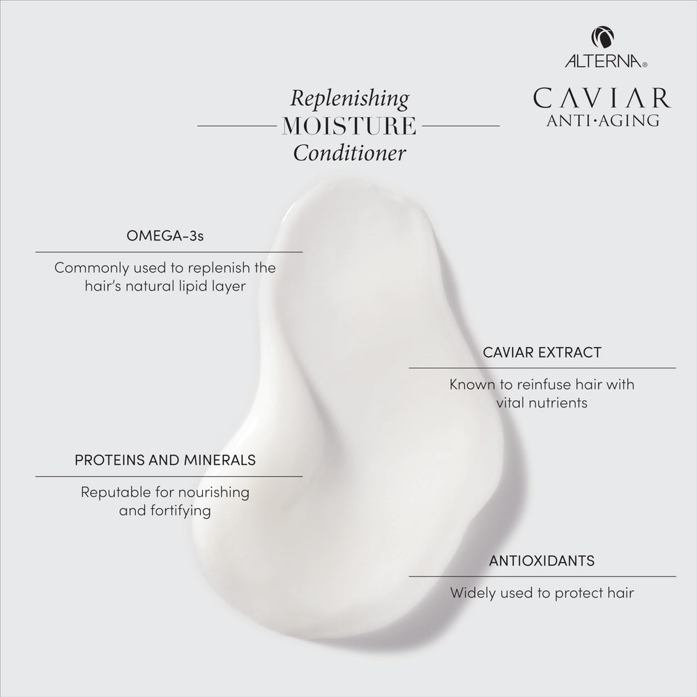 Alterna Caviar moisture conditioner; smooths and detangles for softer strands.