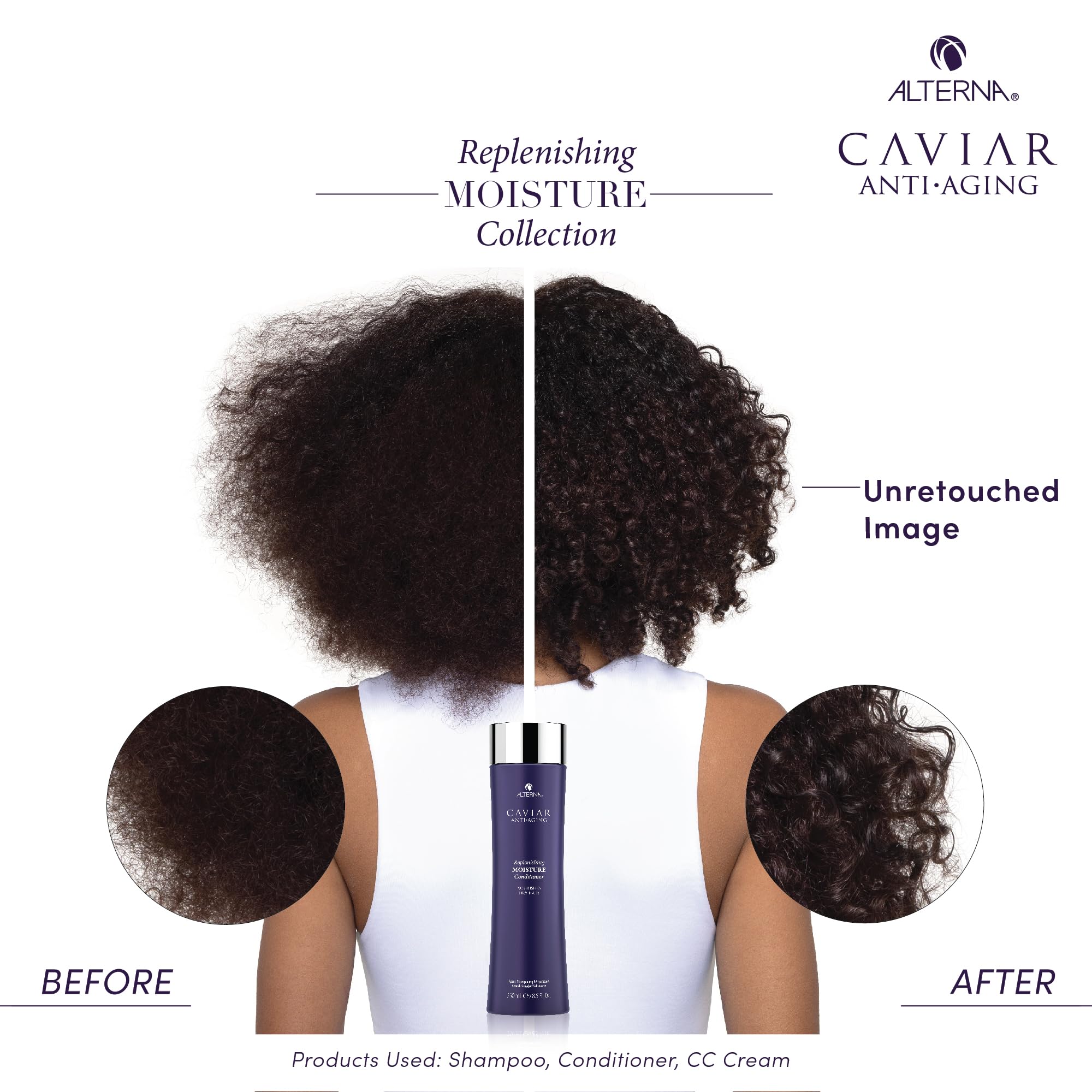 Alterna Caviar shine and softness after use; revitalized texture and finish.