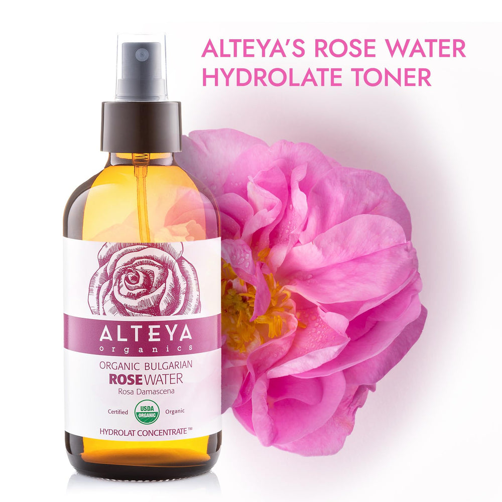 Alteya Organics Rose Water amber glass spray bottle for hydration throughout the day