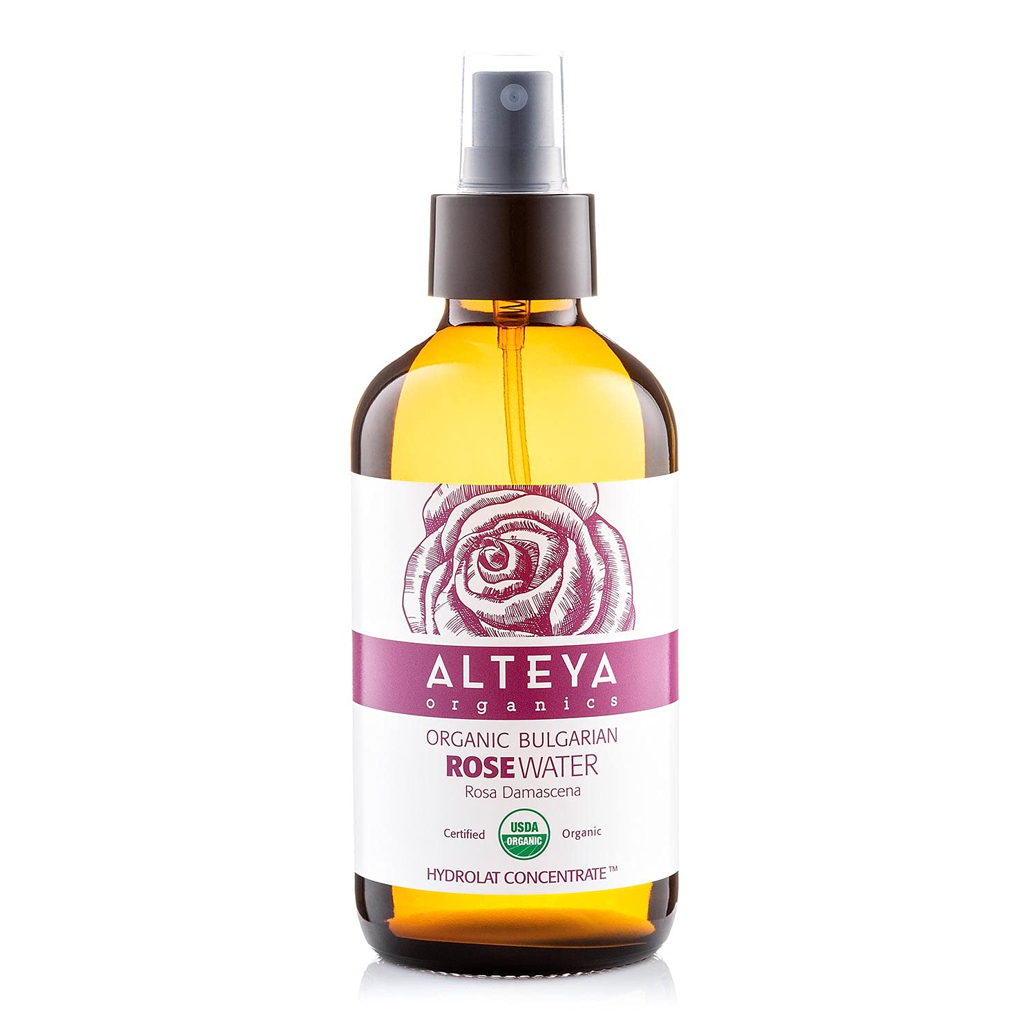 Alteya Organics Rose Water bottle closeup, pure organic toner for refreshed skin