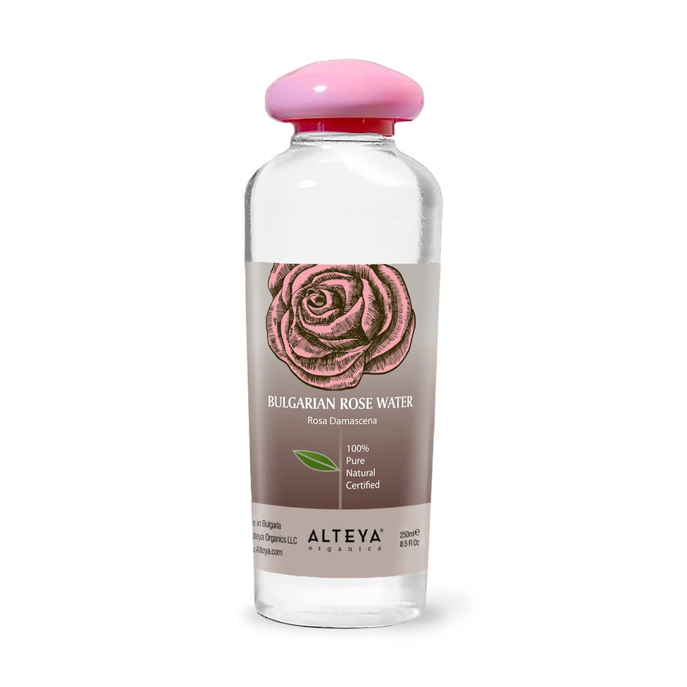 Alteya Organics Rose Water bottle front for refreshing facial toning and gentle hydration.