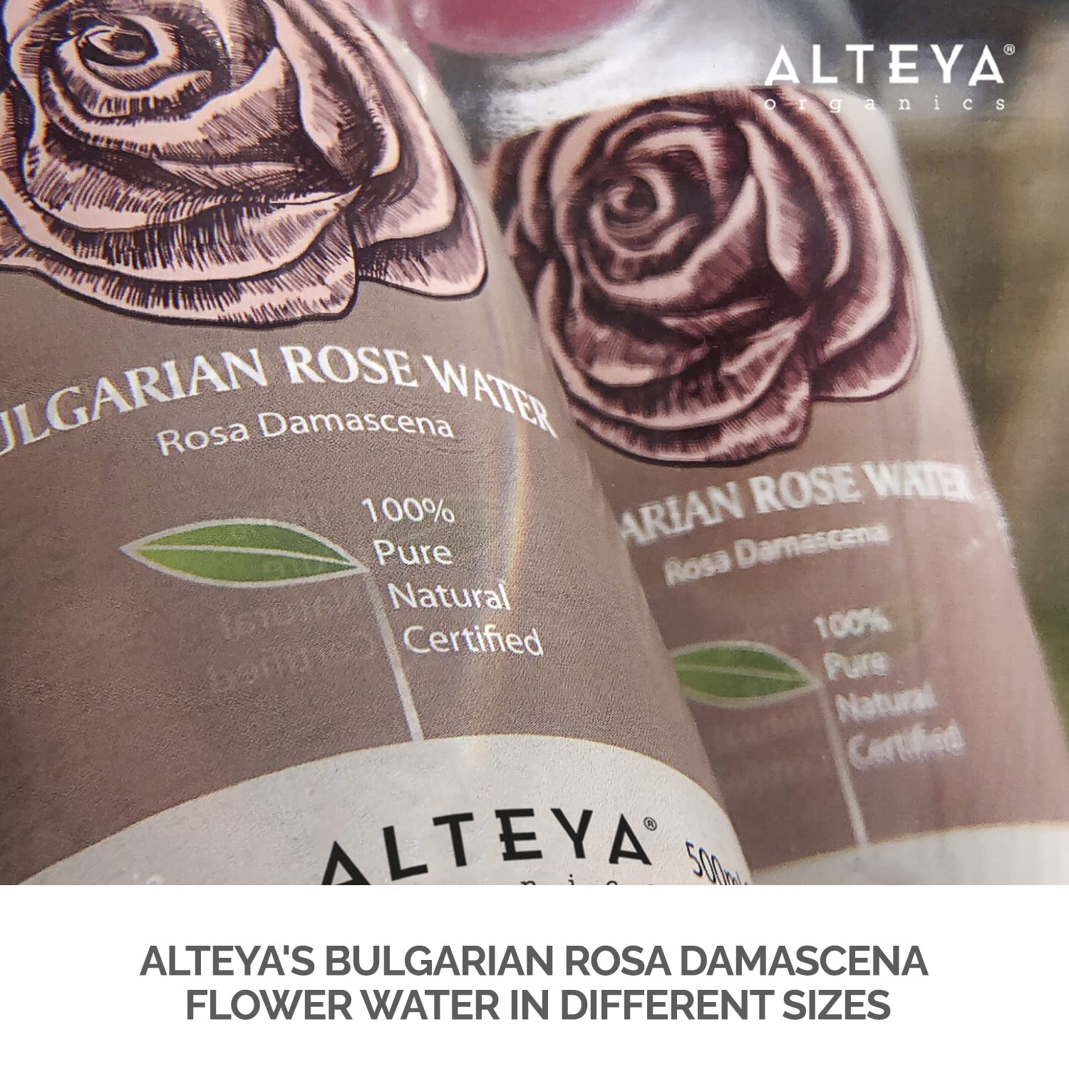 Alteya Organics Rose Water bottle with reducer shows controlled dispensing for even application.