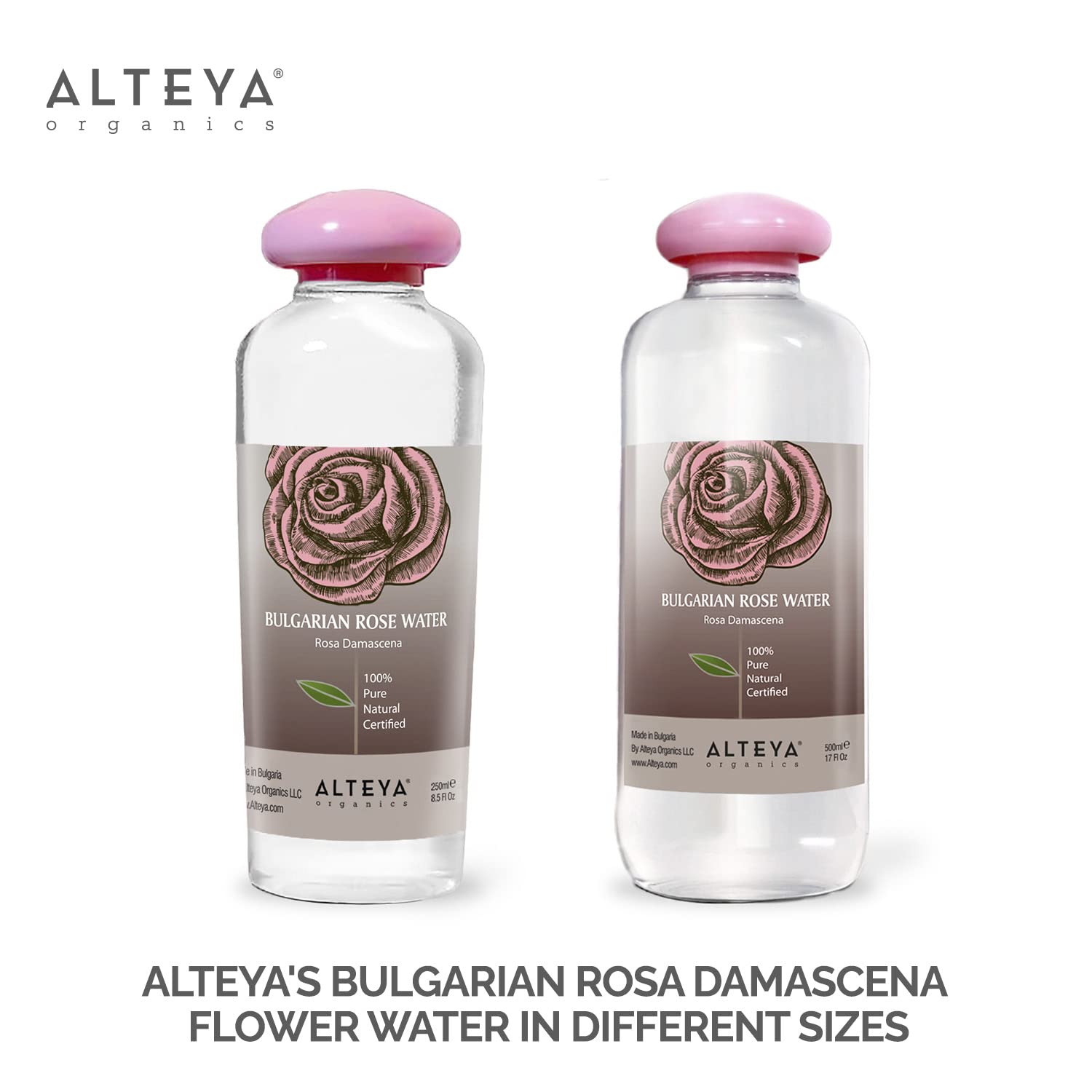 Alteya Organics Rose Water distillate in glass highlights pure steam-distilled formula for skin hydration.