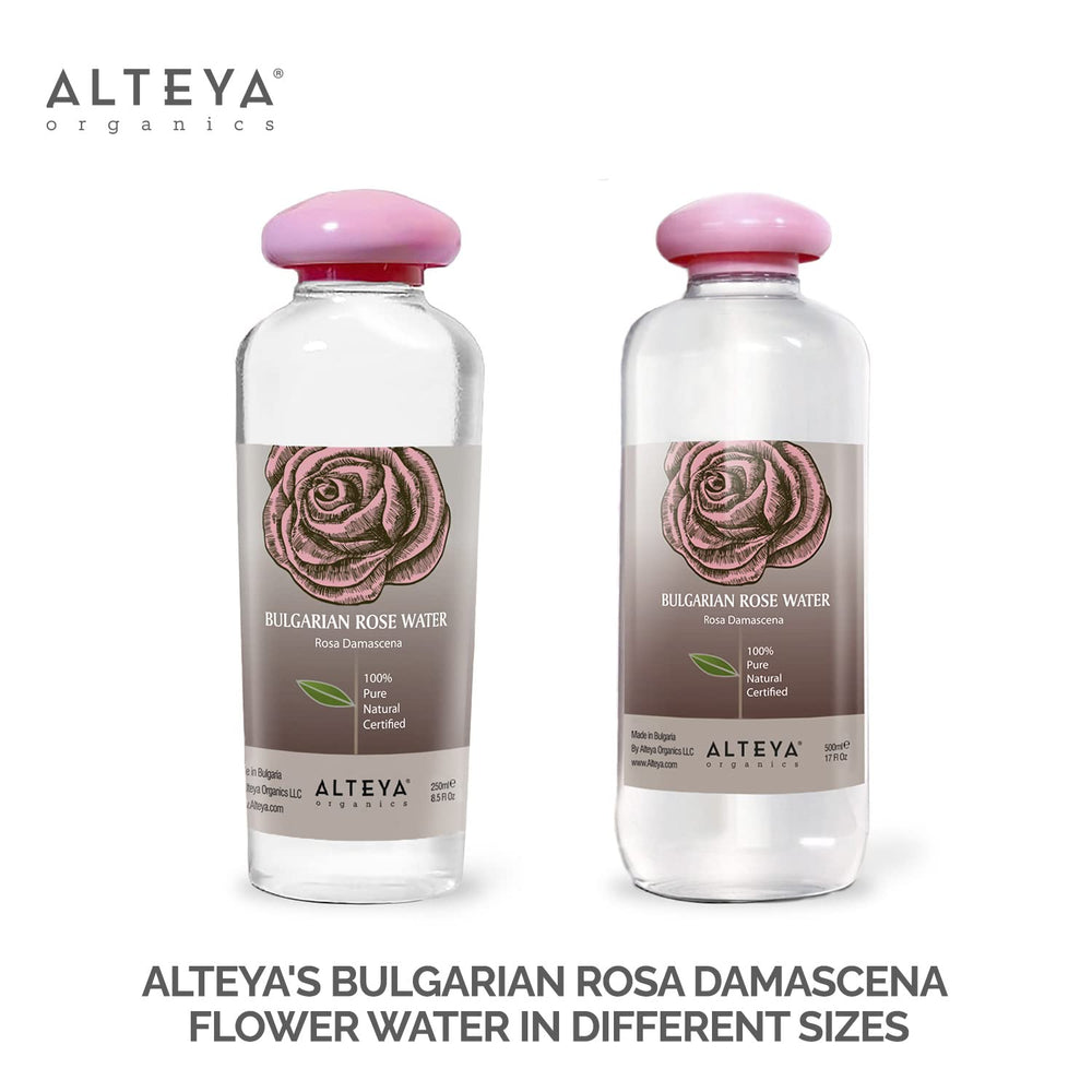 Alteya Organics Rose Water distillate in glass highlights pure steam-distilled formula for skin hydration.