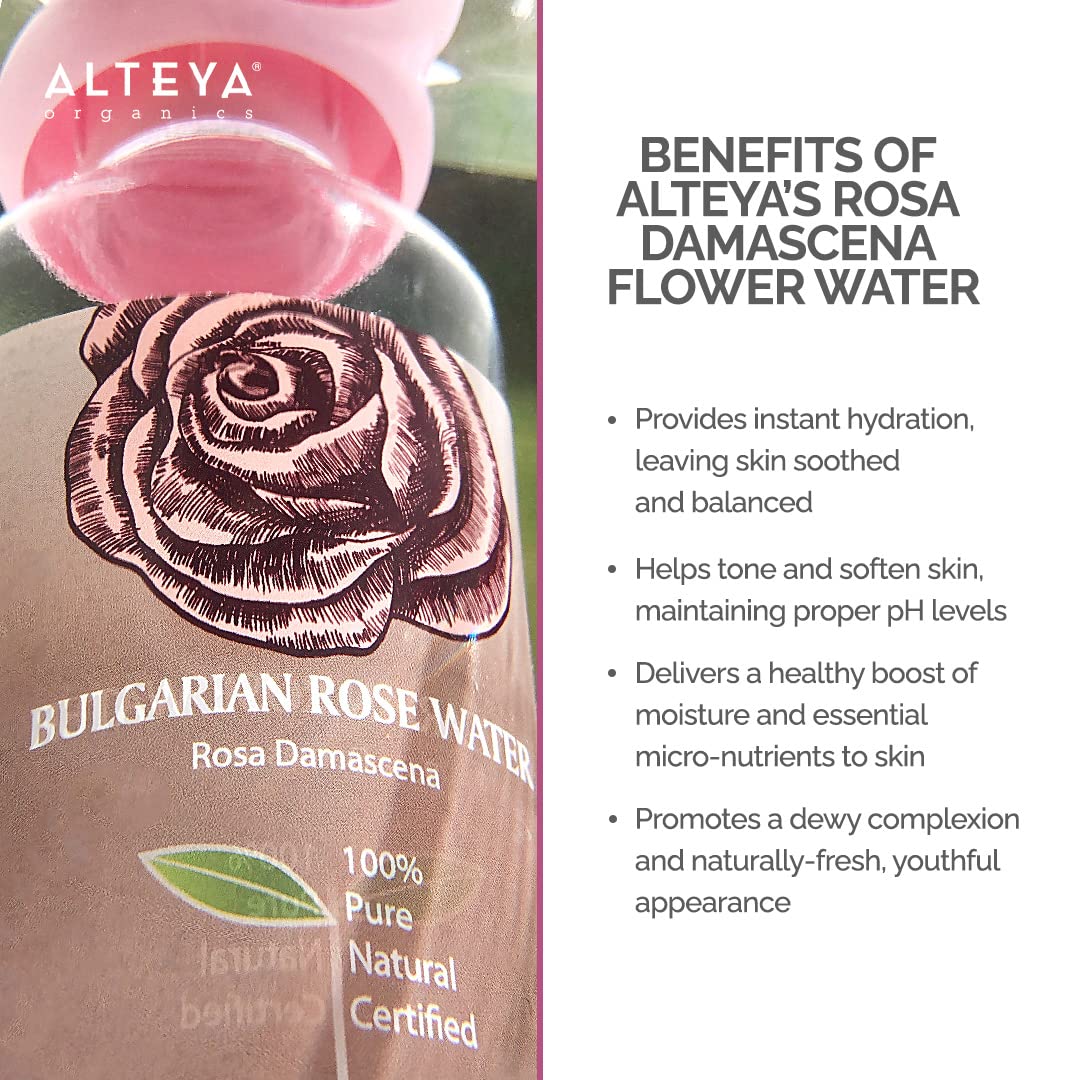 Alteya Organics Rose Water distillery label emphasizes traceability and authenticity.