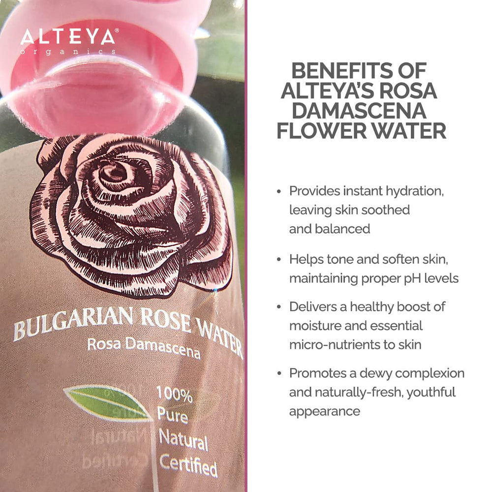 Alteya Organics Rose Water distillery label emphasizes traceability and authenticity.