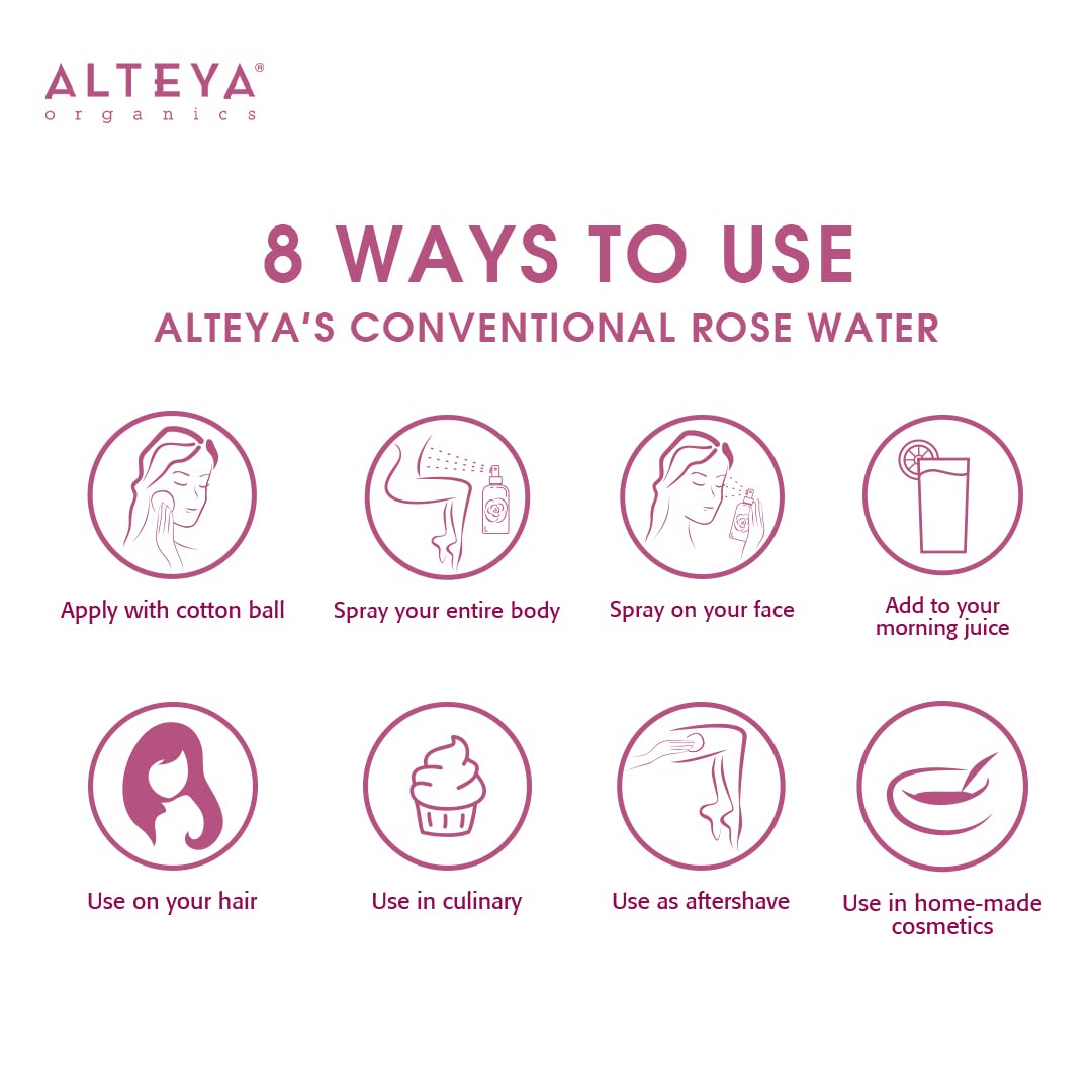 Alteya Organics Rose Water in use on skin for gentle toning and refreshment.