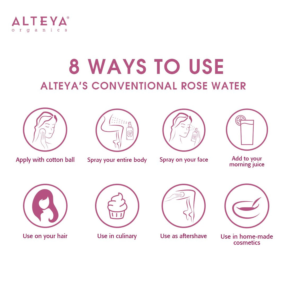 Alteya Organics Rose Water in use on skin for gentle toning and refreshment.