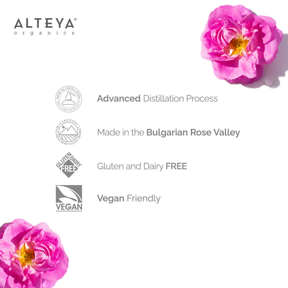 Alteya Organics Rose Water packaging box highlights premium Bulgarian Rosa Damascena origin.