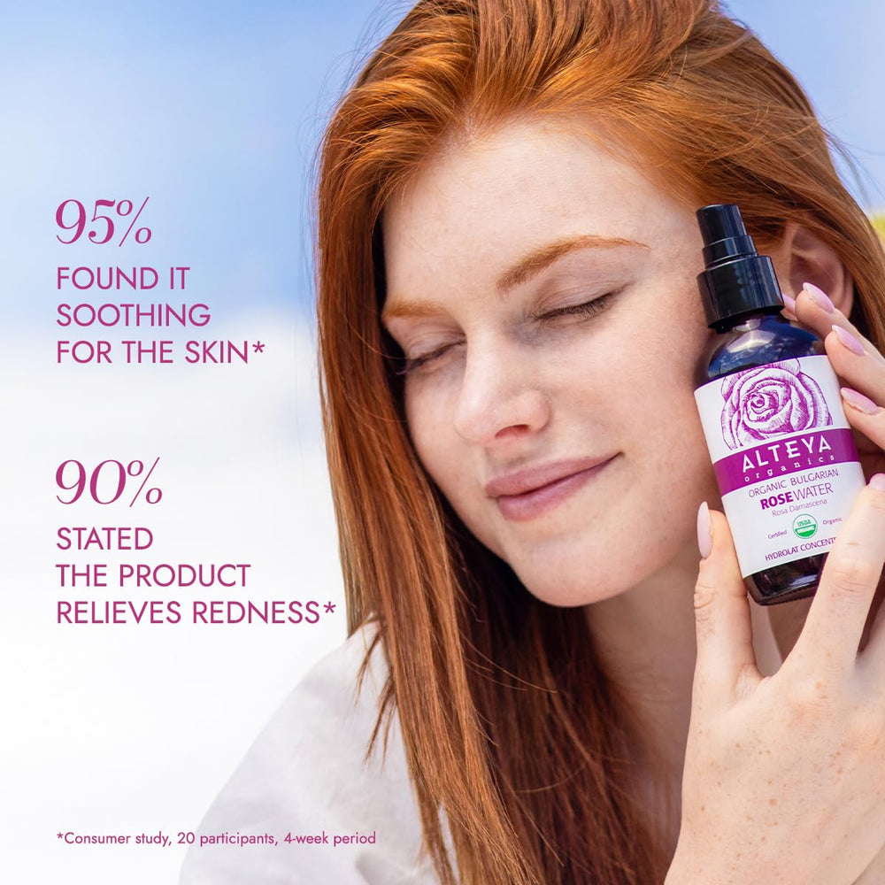 Alteya Organics Rose Water packaging on shelf highlighting USDA Organic certification