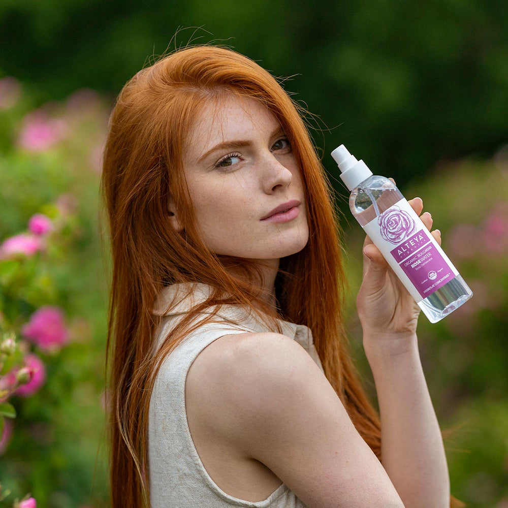 Alteya Organics Rose Water packaging emphasizing BPA-free bottle.