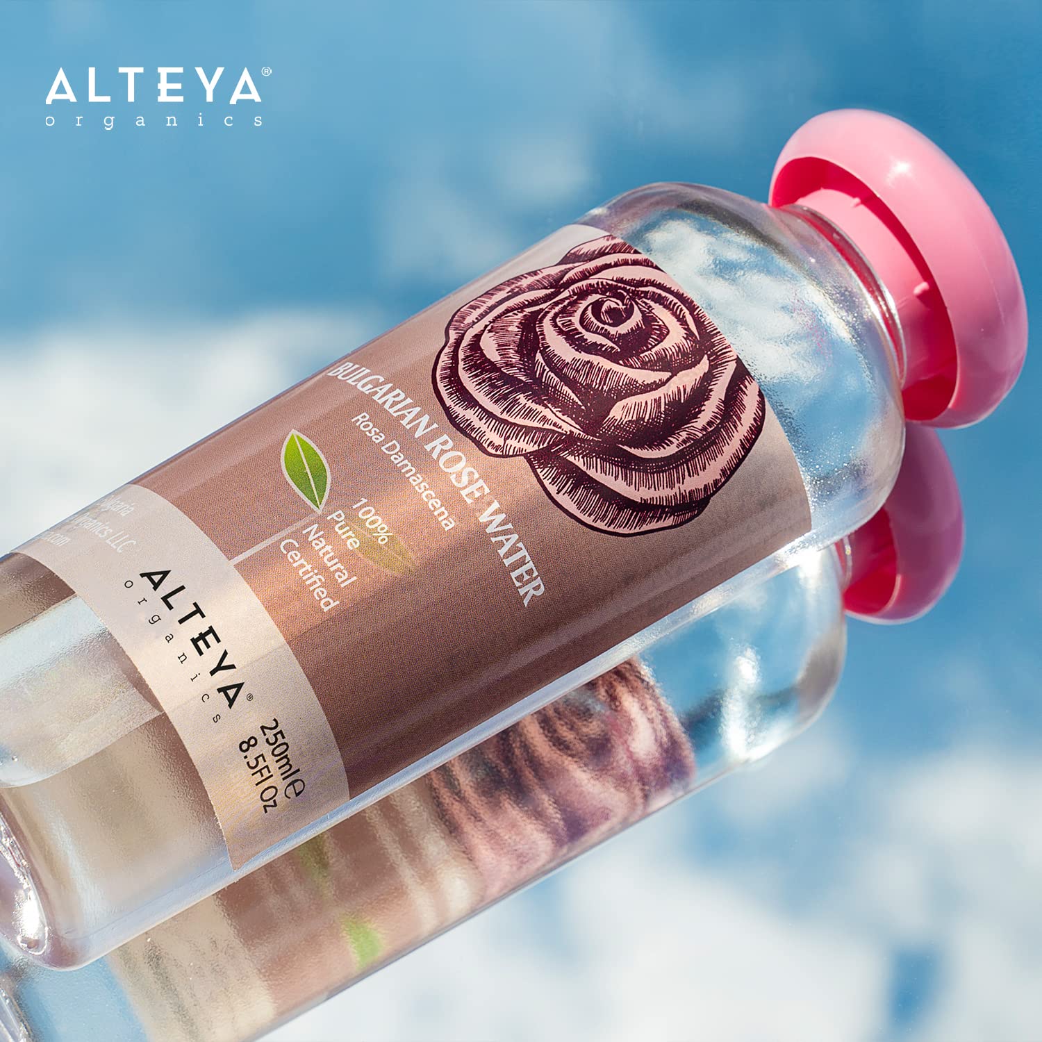 Alteya Organics Rose Water pour bottle shows easy application for refreshing skin.
