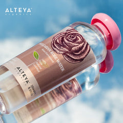 Alteya Organics Rose Water pour bottle shows easy application for refreshing skin.