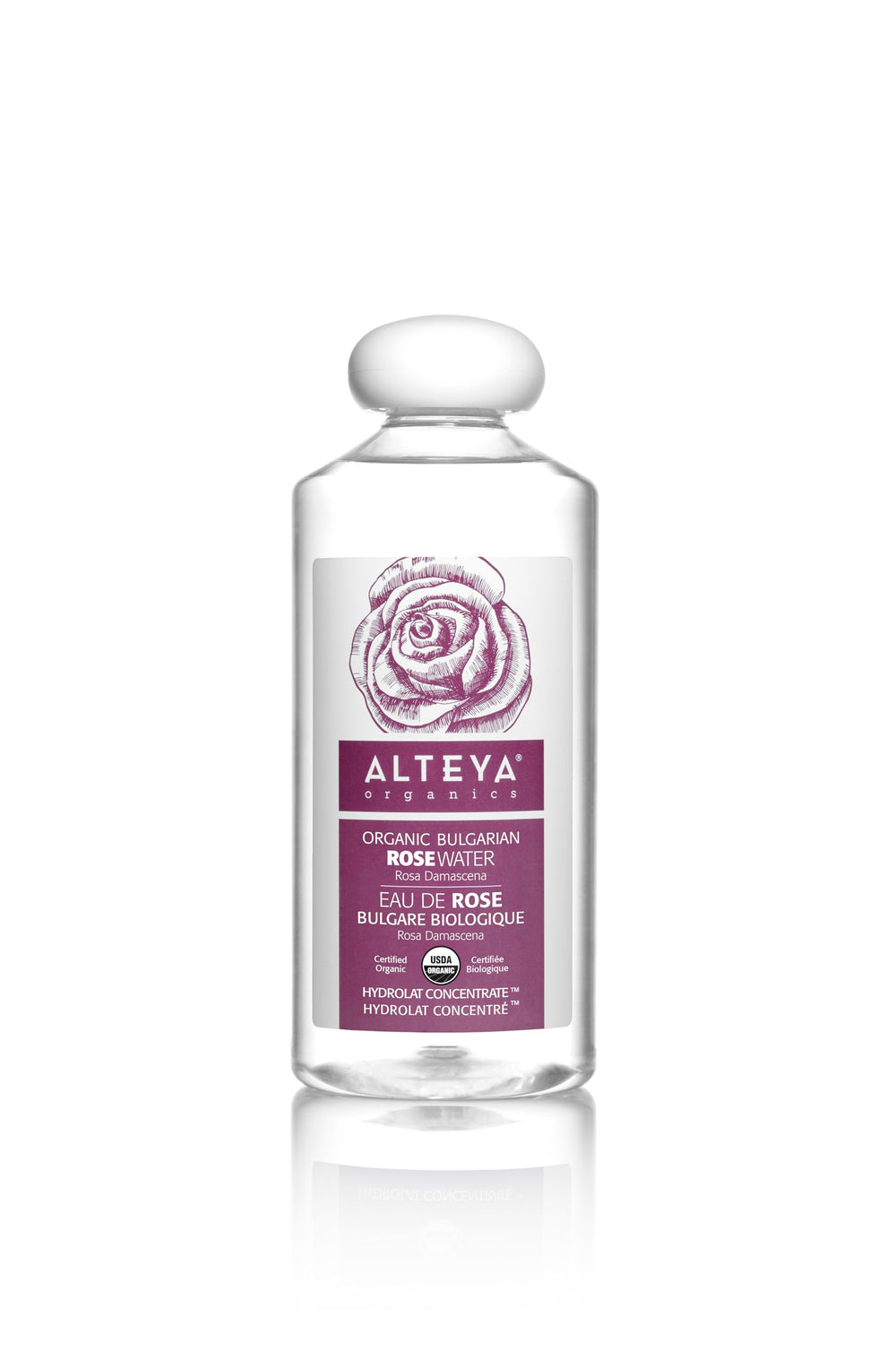 Alteya Organics Rose Water Toner bottle pour delivering refreshing facial hydration and balanced skin pH