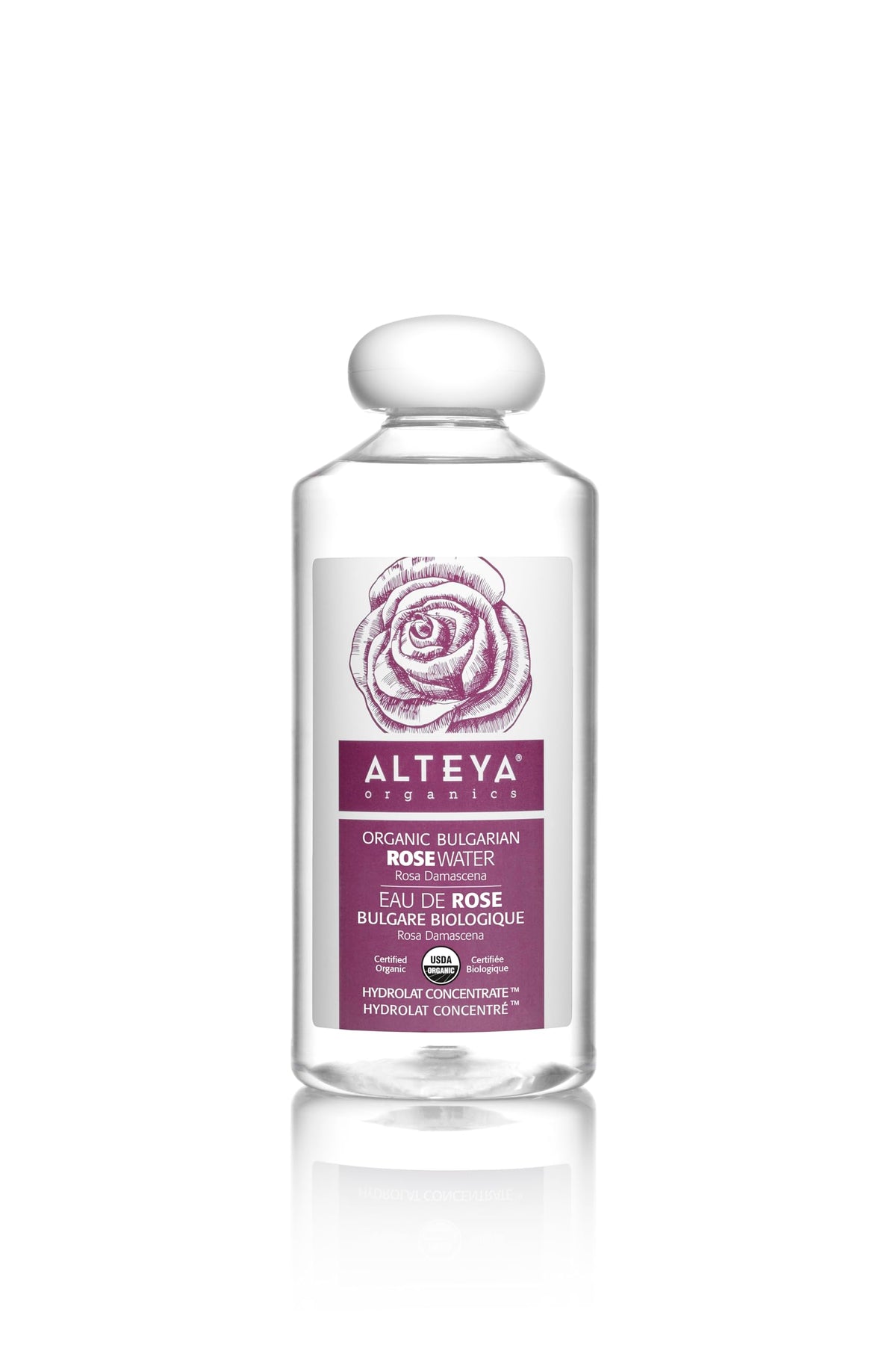 Alteya Organics Rose Water Toner bottle pour delivering refreshing facial hydration and balanced skin pH