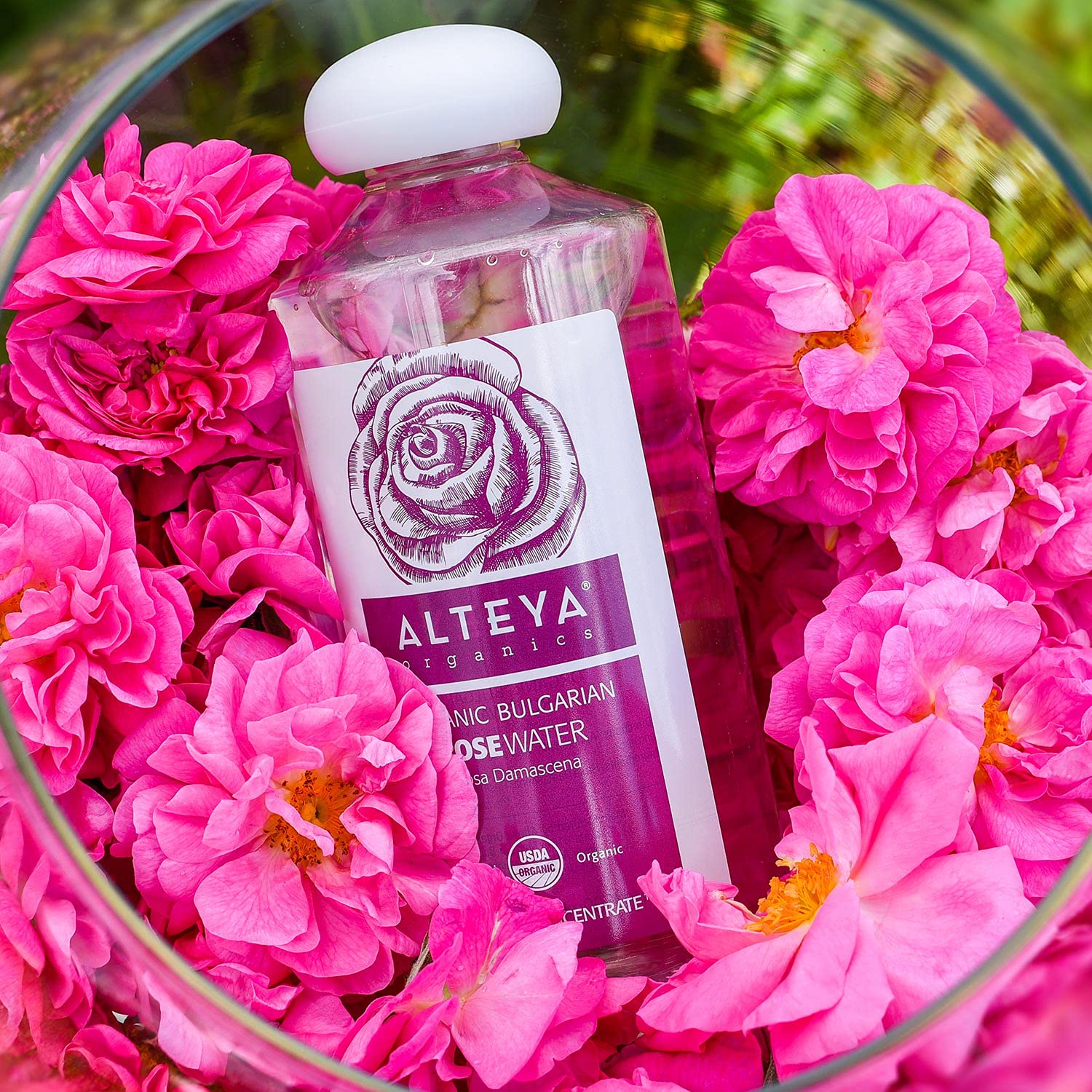 Alteya Organics Rose Water Toner packaging label highlights USDA Organic certification