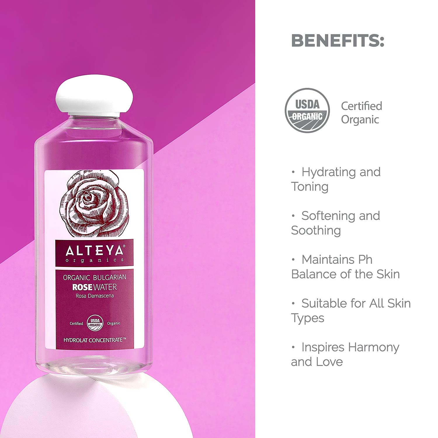 Alteya Organics Rose Water Toner distillery and spring water icon indicates full traceability