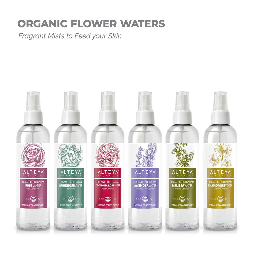 Alteya Organics Rose Water toner-use shot for facial application.