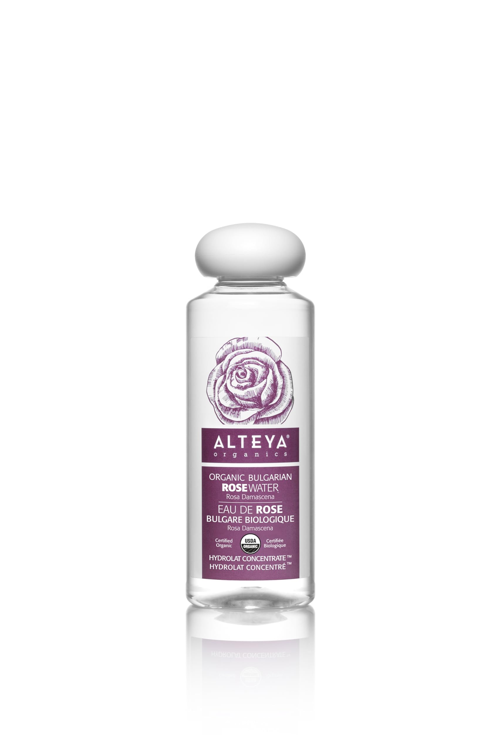 Alteya Rose Water bottle pours for refreshing facial toning and skin hydration.
