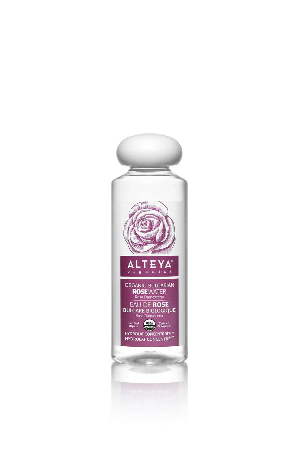 Alteya Rose Water bottle pours for refreshing facial toning and skin hydration.
