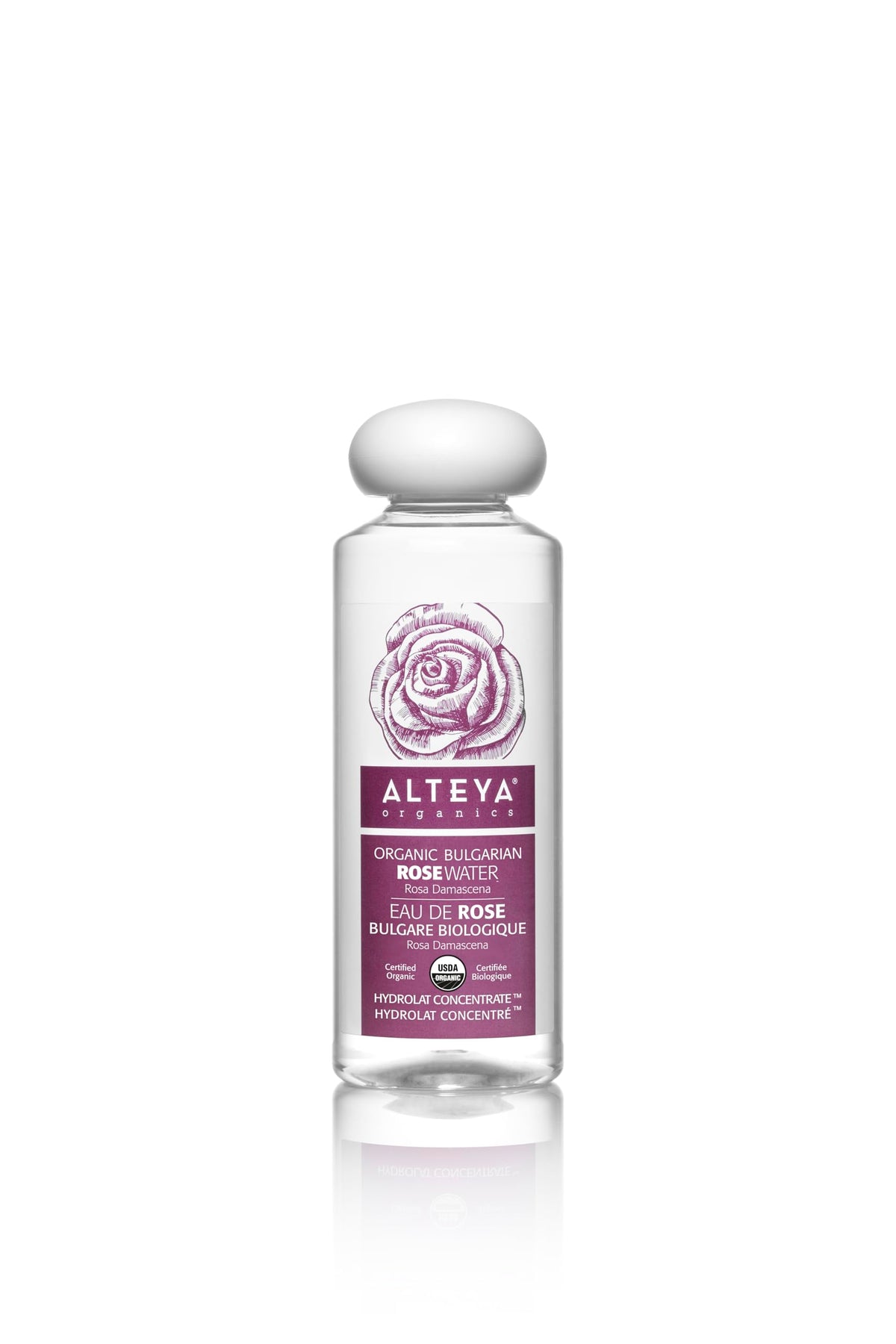 Alteya Rose Water bottle pours for refreshing facial toning and skin hydration.