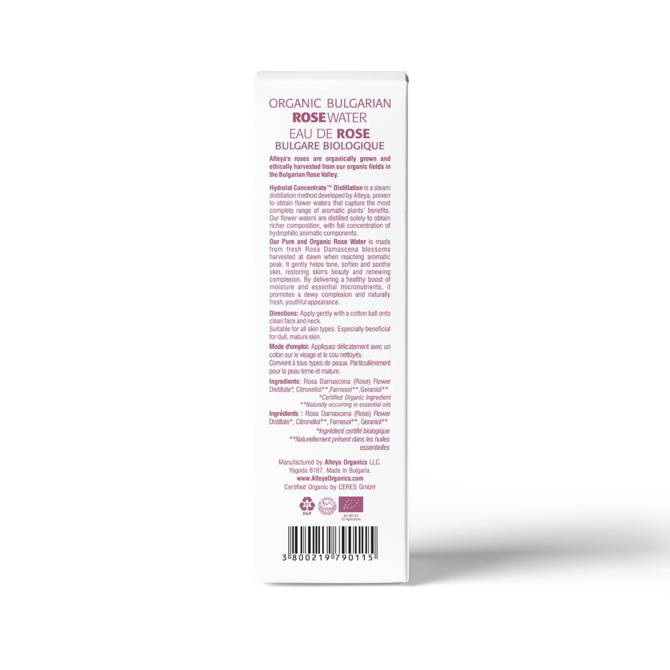 Alteya Rose Water from Bulgarian Damascena roses enhances gentle skin softness and balance.