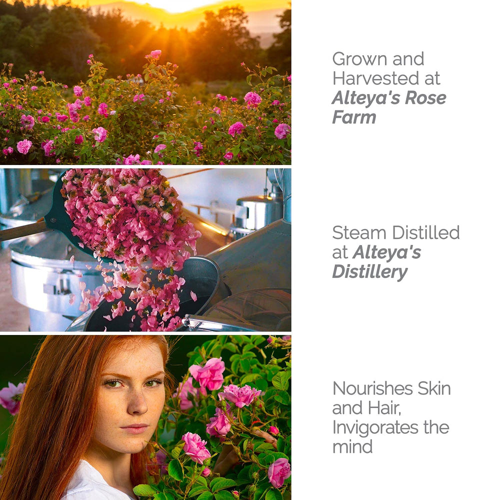 Alteya Rose Water closeup highlights delicate floral clarity and gentle hydration.
