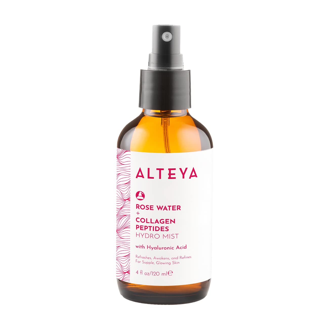 Alteya Rose Water Face Toner bottle closeup highlighting hydrating formula for refreshed skin.