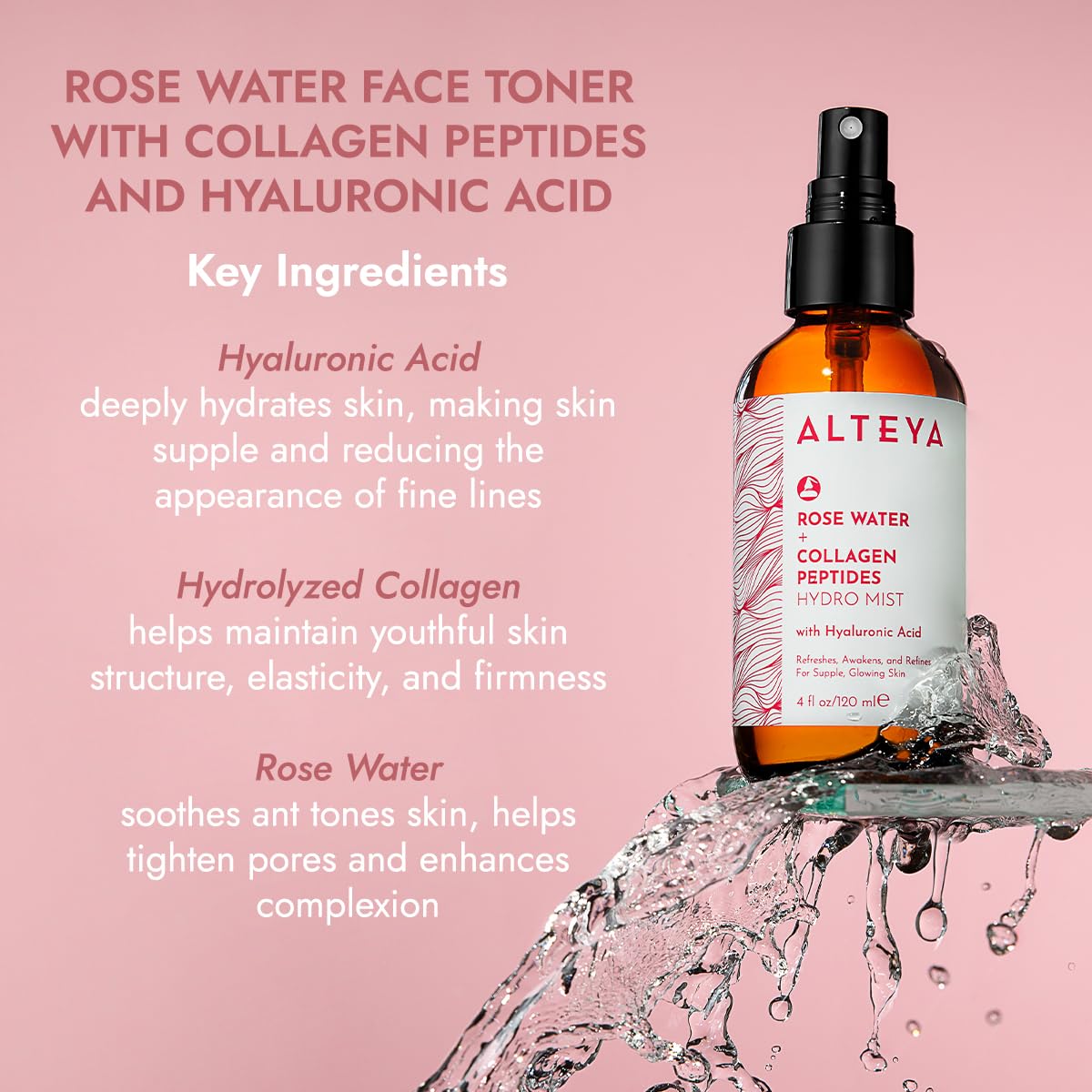 Alteya Rose Water Face Toner with hyaluronic acid provides instant moisture boost for smooth texture.