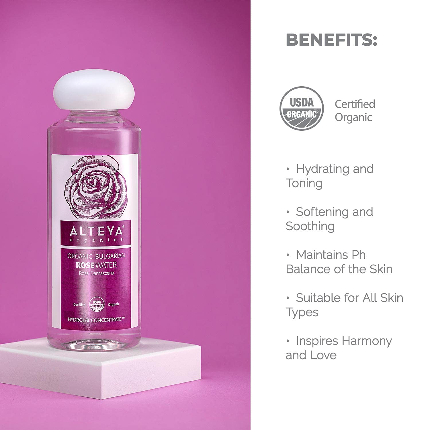 Alteya Rose Water hair-refresh mist improves tangle-free shine and scalp comfort.