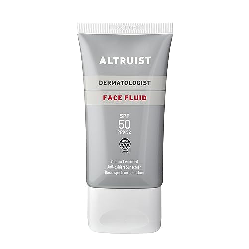 Altruist Sunscreen Fluid SPF50 packaging shows travel-ready 50ml size.