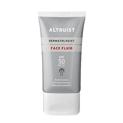 Altruist Sunscreen Fluid SPF50 packaging shows travel-ready 50ml size.