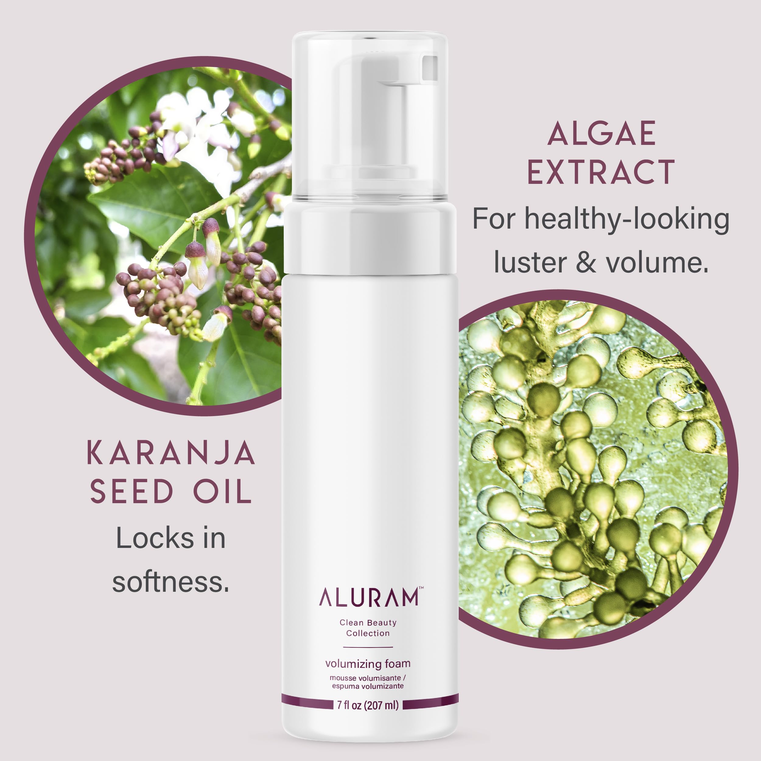 ALURAM Coconut Water Volumizing Foam being applied to hair for fluffy volume and texture.
