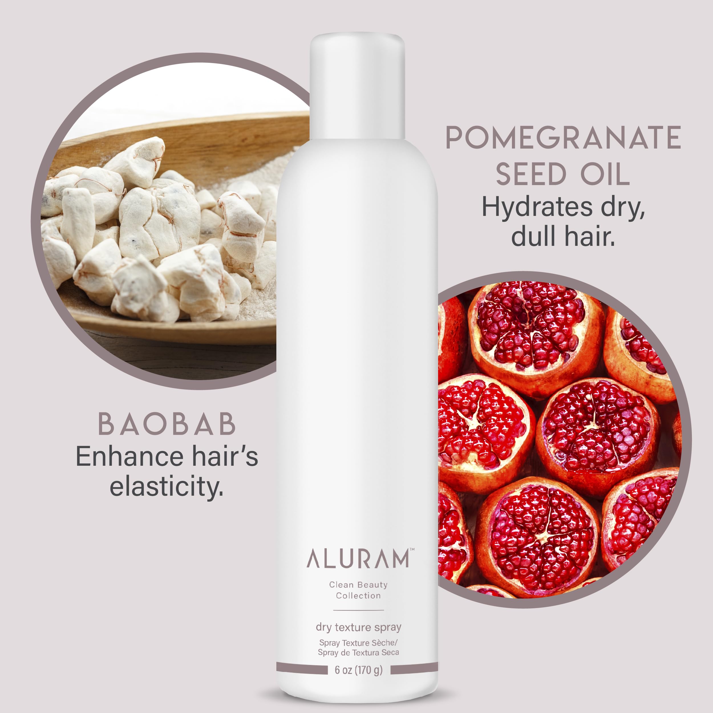 ALURAM baobab pomegranate oil focus emphasizes lightweight hydration during styling.