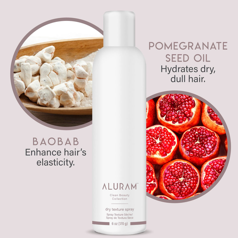 ALURAM baobab pomegranate oil focus emphasizes lightweight hydration during styling.