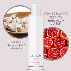 ALURAM baobab pomegranate oil focus emphasizes lightweight hydration during styling.