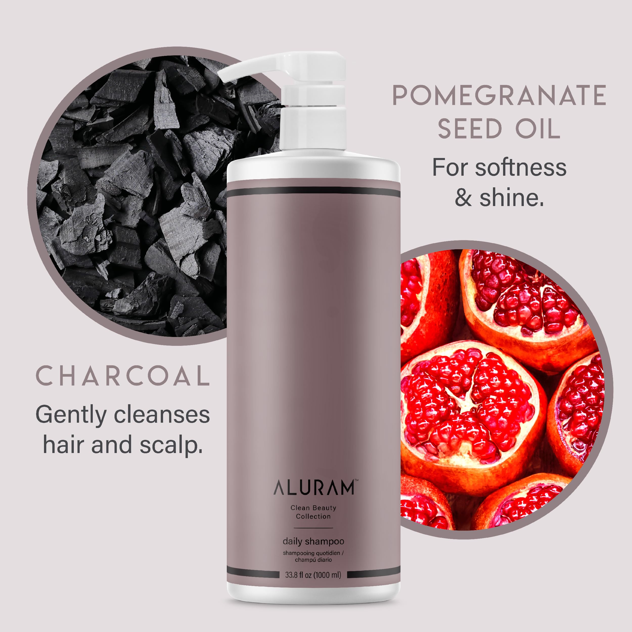 ALURAM Coconut Water Daily Shampoo with charcoal and pomegranate oil purifying buildup while preserving color.