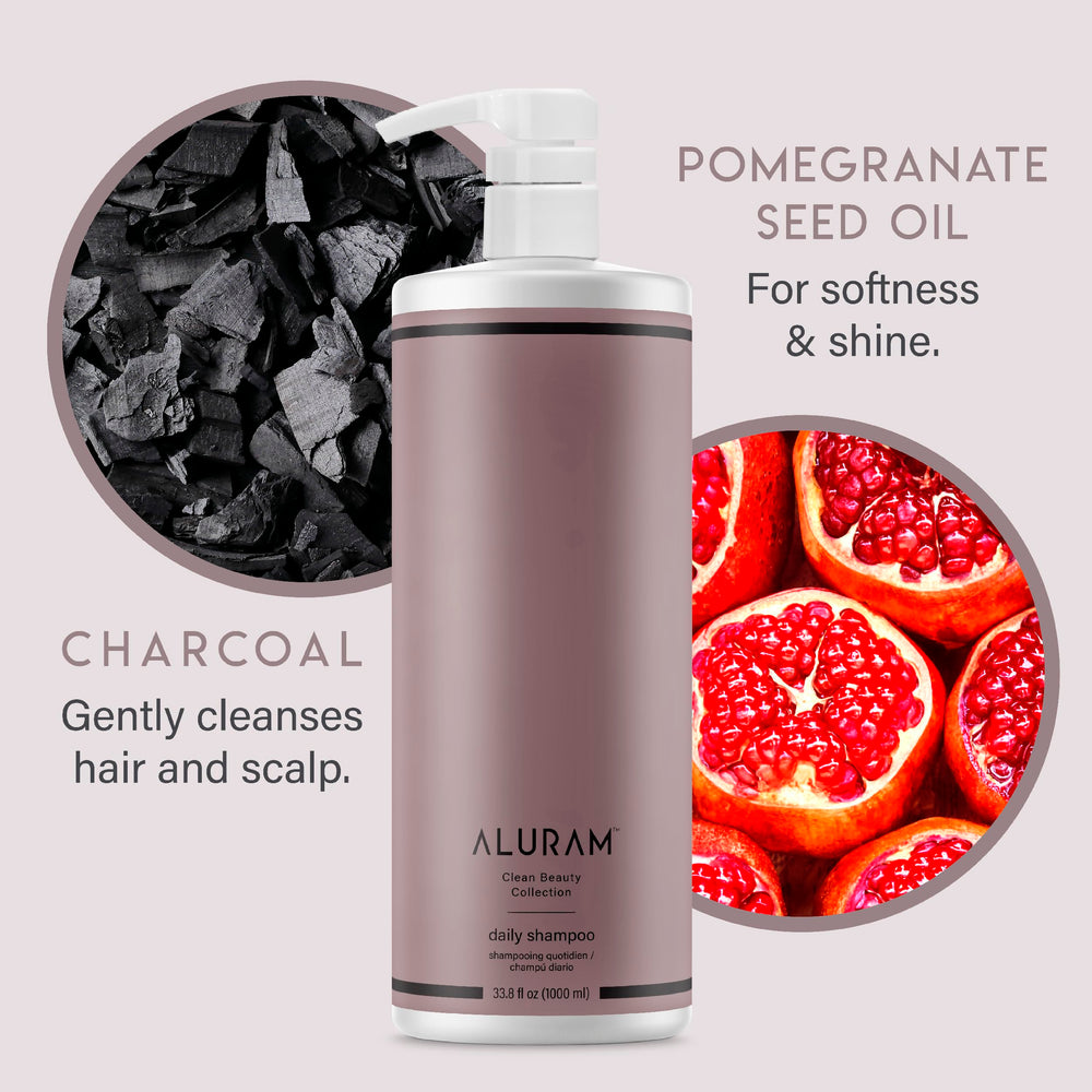 ALURAM Coconut Water Daily Shampoo with charcoal and pomegranate oil purifying buildup while preserving color.