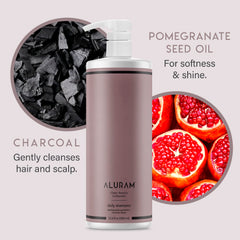 ALURAM Coconut Water Daily Shampoo with charcoal and pomegranate oil purifying buildup while preserving color.