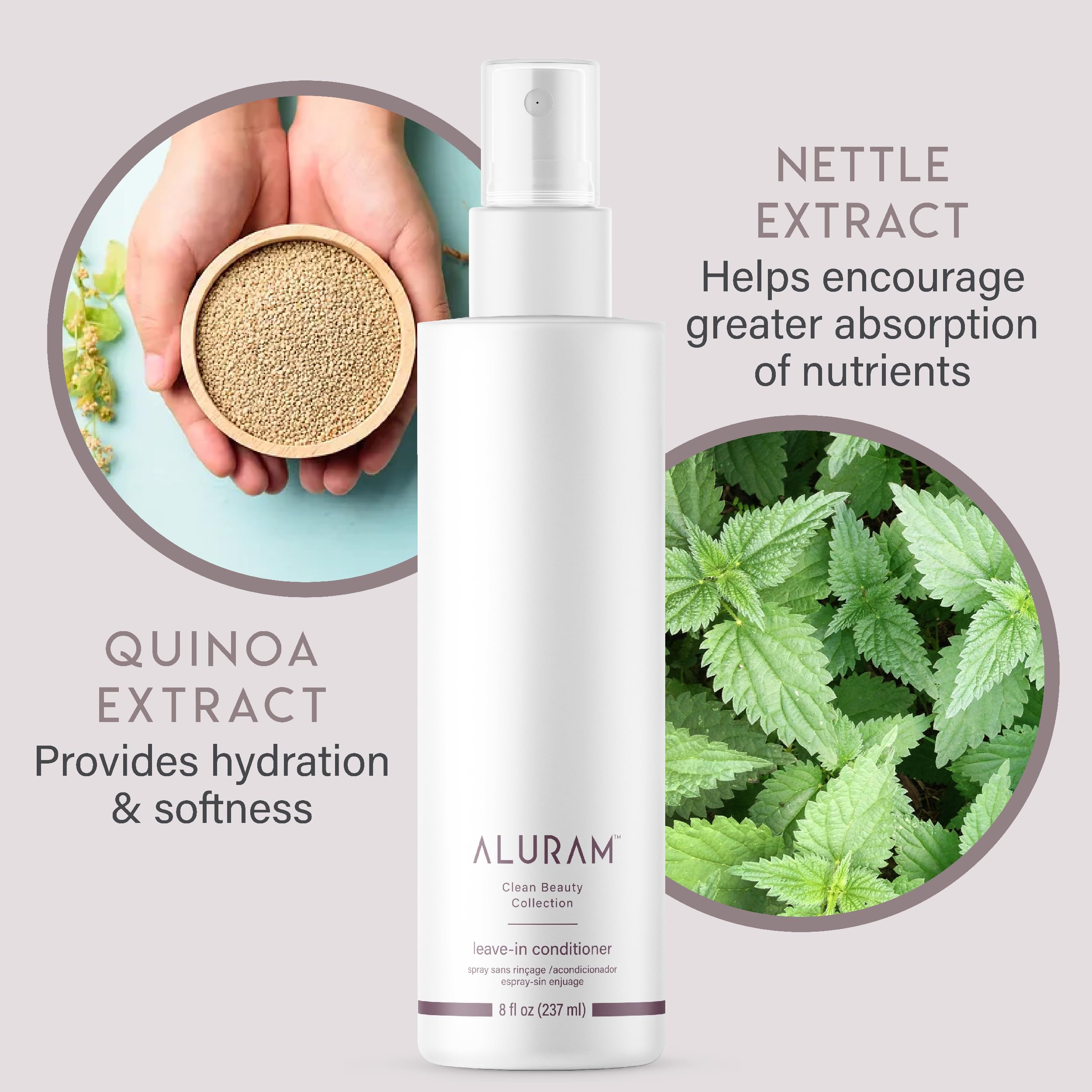 ALURAM Coconut Water Leave-In damp hair ready-to-style scene shows detangling and quick prep.